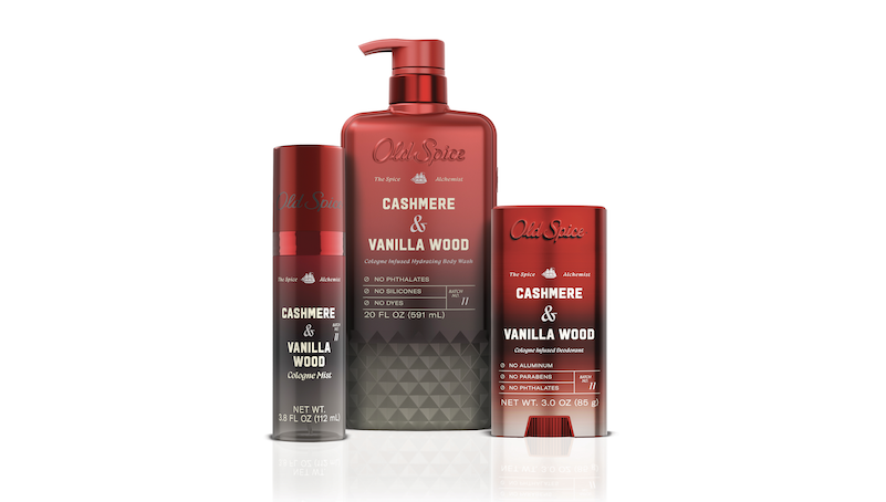 Old Spice Spice Alchemist mist, body wash and deodorant bottles.